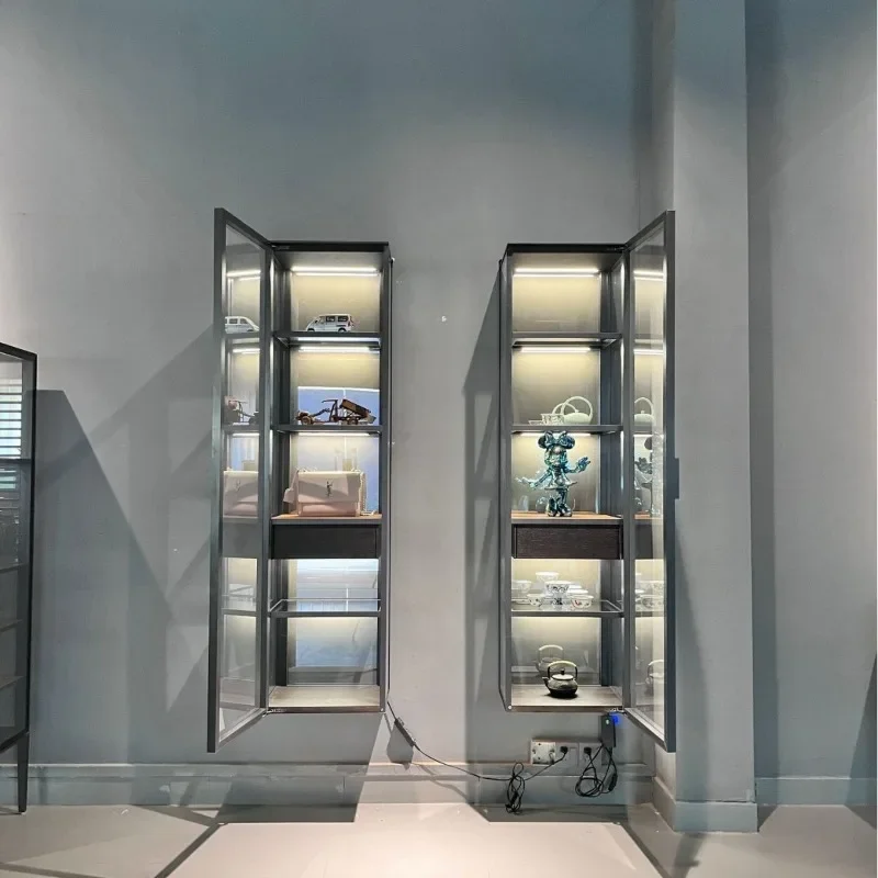 Italian minimalist aluminum alloy wall-mounted storage glass figure display cabinet