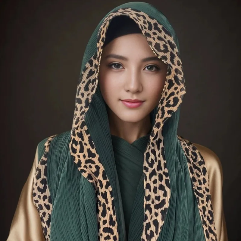 Malaysia Dubai Leopard Embellished Wrinkled Sarf for Women Veil Scarves