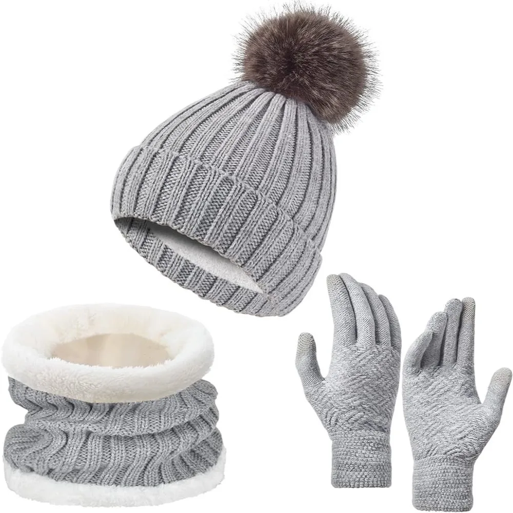 3Pcs/Set Warm Winter Hat Scarf Gloves Set Thicken Lining Scarf Neck Warmer Soft Elastic Knit Beanie Snood Set for Men Women