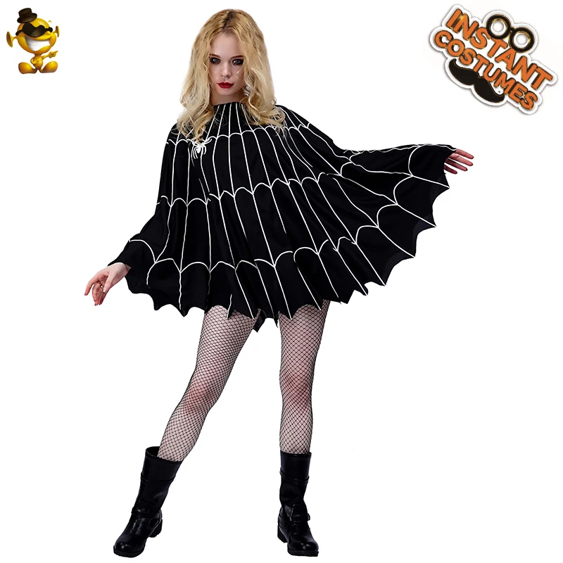 Spider Web Poncho Costume Women Halloween Purim Cosplay Black Cloak Ladies Fancy Dress Role Play Party Clothing