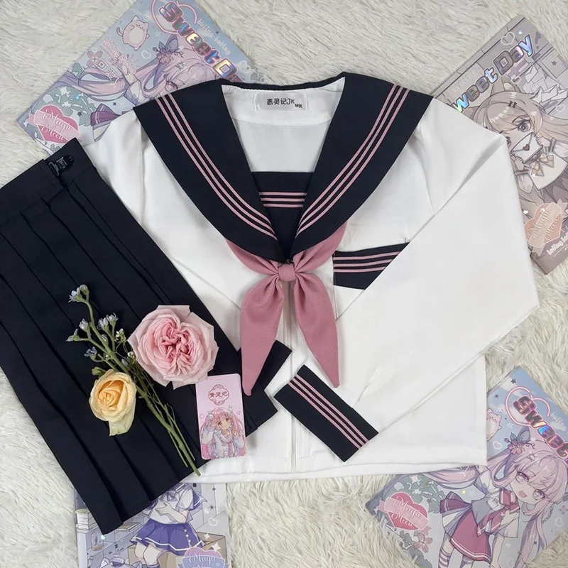 여름 짧은 치마 세트 여성 일본 학교 유니폼 대학 중학생 선원 유니폼 코스프레 의류