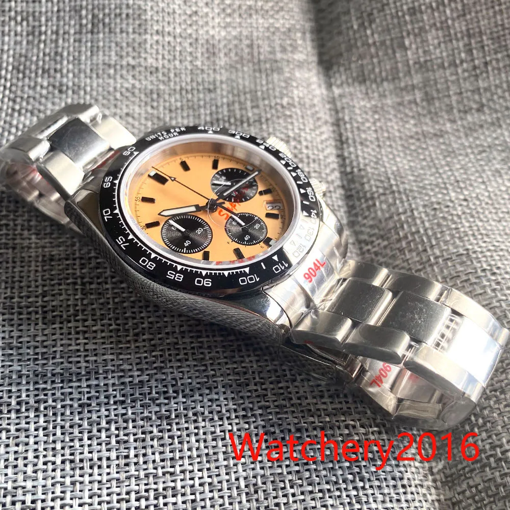 ที่กําหนดเอง 39 มม.สีเหลืองปราศจากเชื้อ dial Vk63 การเคลื่อนไหวรุ่น Multi-Function Full Chronograph QUARTZ Mens นาฬิกาสายยางสร้อยข้อมือ