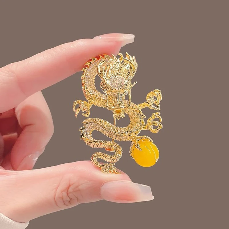 Golden Domineering Flying Dragon Playing Pearl Brooch Men's And Women's High-end Fashion Pin Temperament Pearl Pin