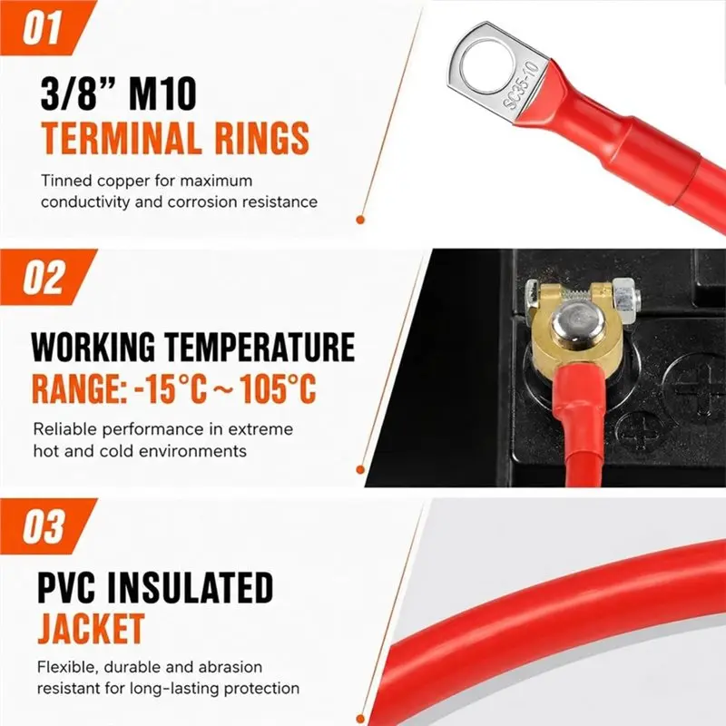 A02F-Heavy Duty 2 AWG Battery Cables 16 Inch,With 3/8