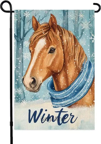 Winter Horse Garden Flag Double Sided, Burlap Small Snow Welcome Winter, 12x18 XXQ