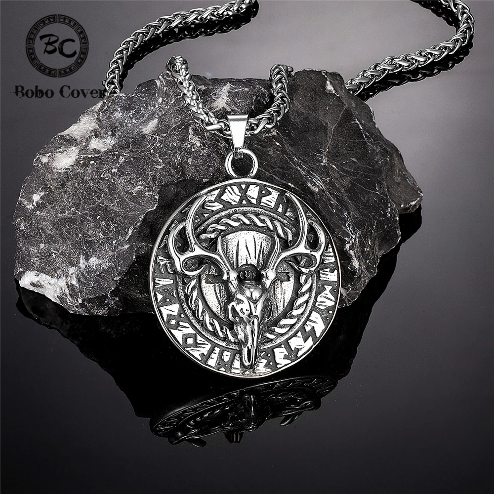 Nordic Reindeer Bucks Skull Necklaces Men's Vikings Runes Vegvisir Pendant Stainless Steel Cuban Chain Scandinavian Jewelry Gift