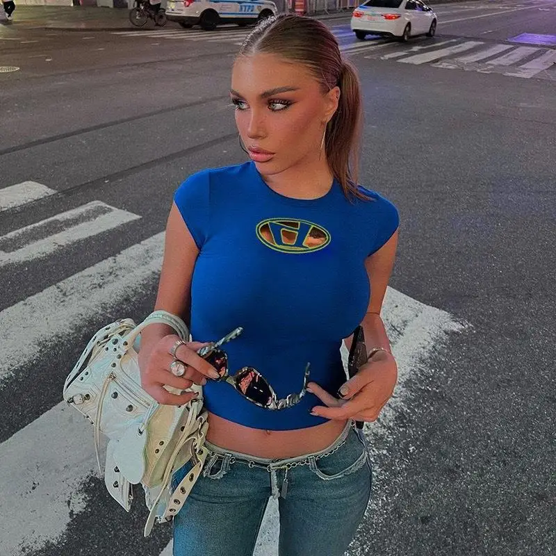 

Сексуальная футболка ort Sve, женская модная облегающая футболка с D-образными плечами, теплая круглая спортивная одежда с буквенным узором