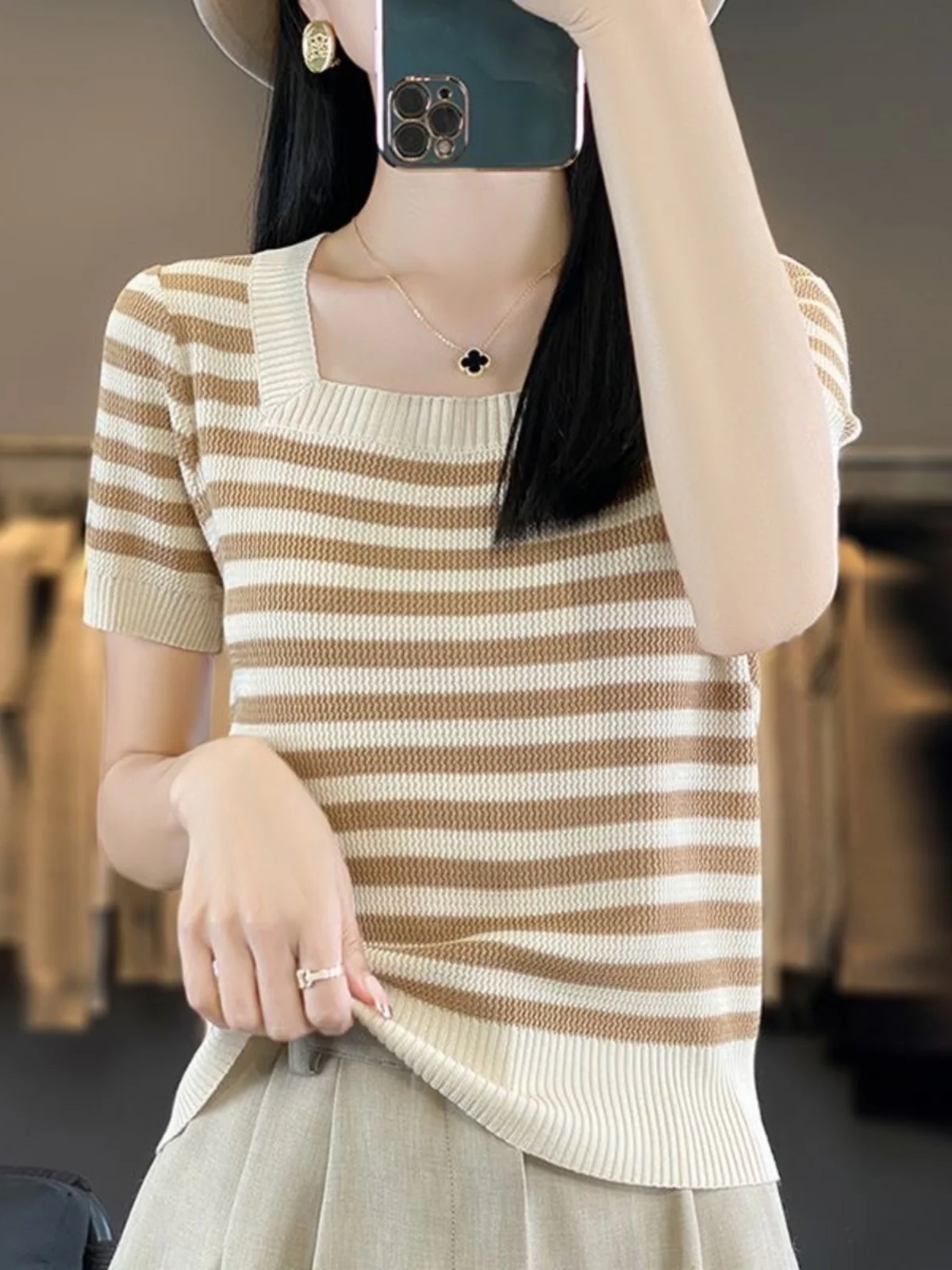 

Slimming Ice Silk Short Sleeve T-Shirt Women's Summer New Style Large Size Fashionable Top Trendy Korean Style Striped Pattern