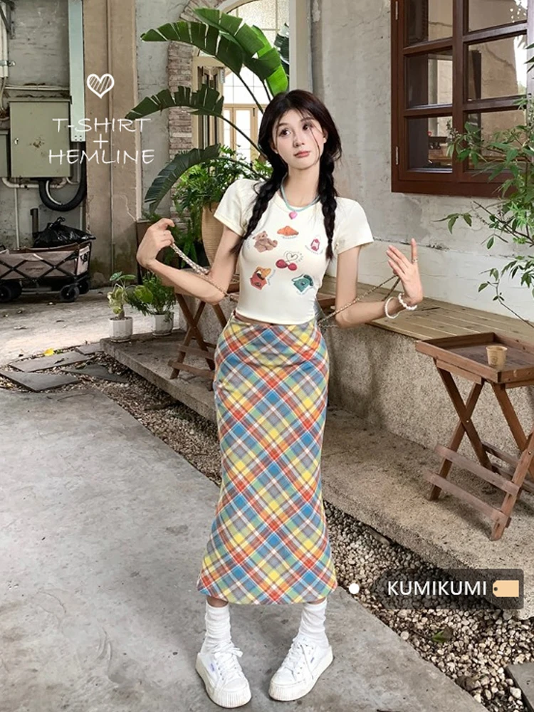 Women's Cute Japan Style Straight Slim Plaid Skirt Lady Summer Sweet Long Skirt