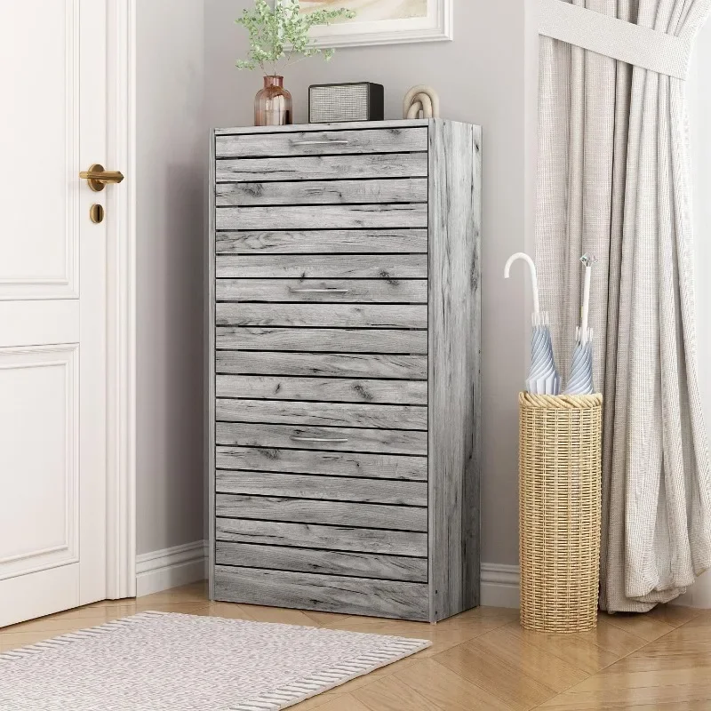 Small Shoe Cabinet with 3 Flip Drawers, Slim Shoe Storage Cabinet Shoe Organizer, Louvered Surface, No Backboard, for Entryway