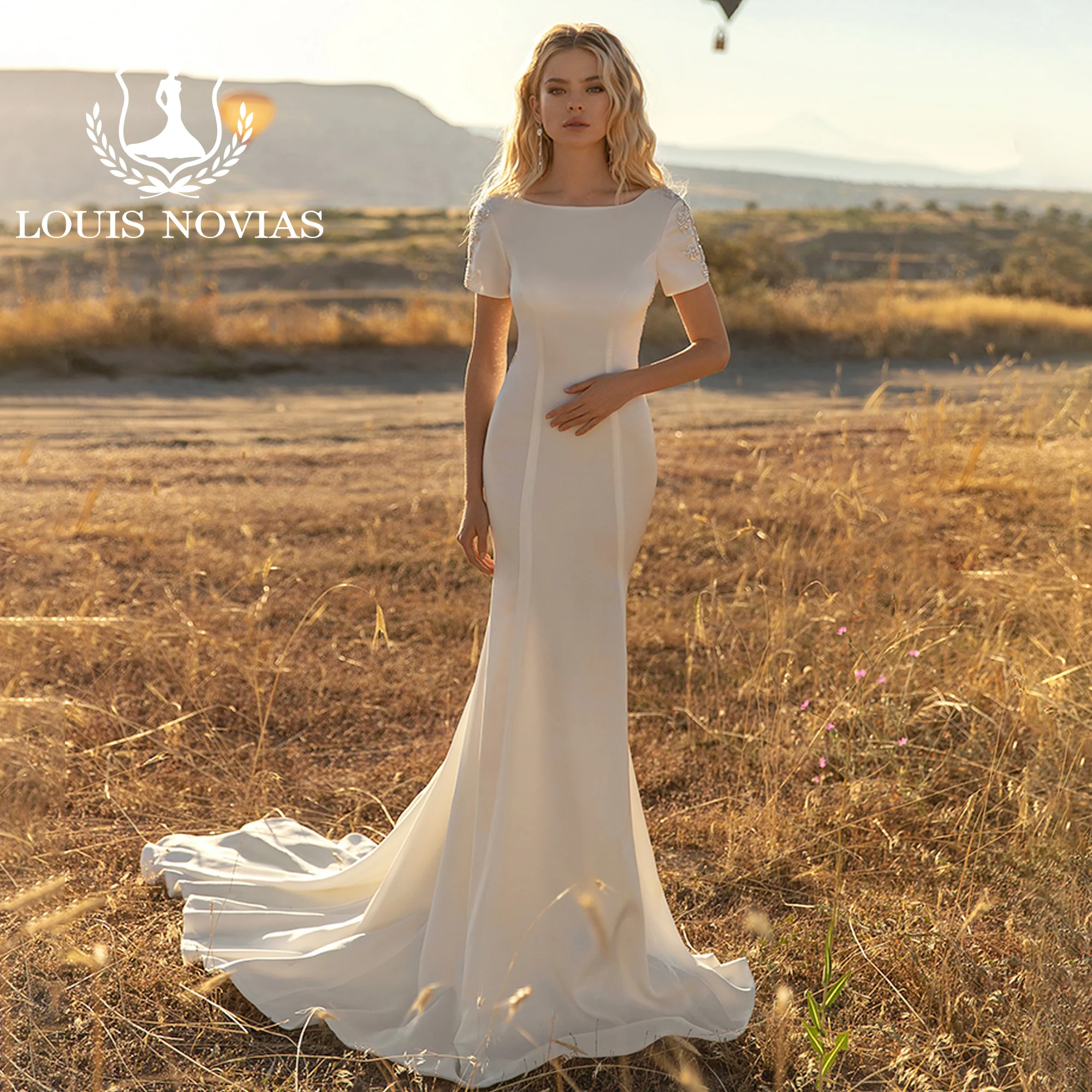 LOUIS NOVIAS Vestido De novia De sirena De manga corta De alta calidad SCOOP sin espalda apliques vestido De novia Vestidos Novias De Saten