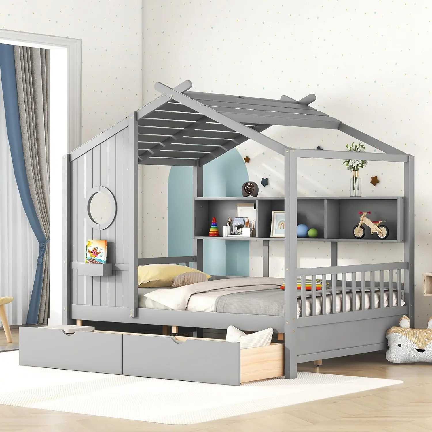 Full Size Bed Frames For Kids, House Bed With Window And Fence, Wood Platform Frame With Drawers And Shelves, Playhouse