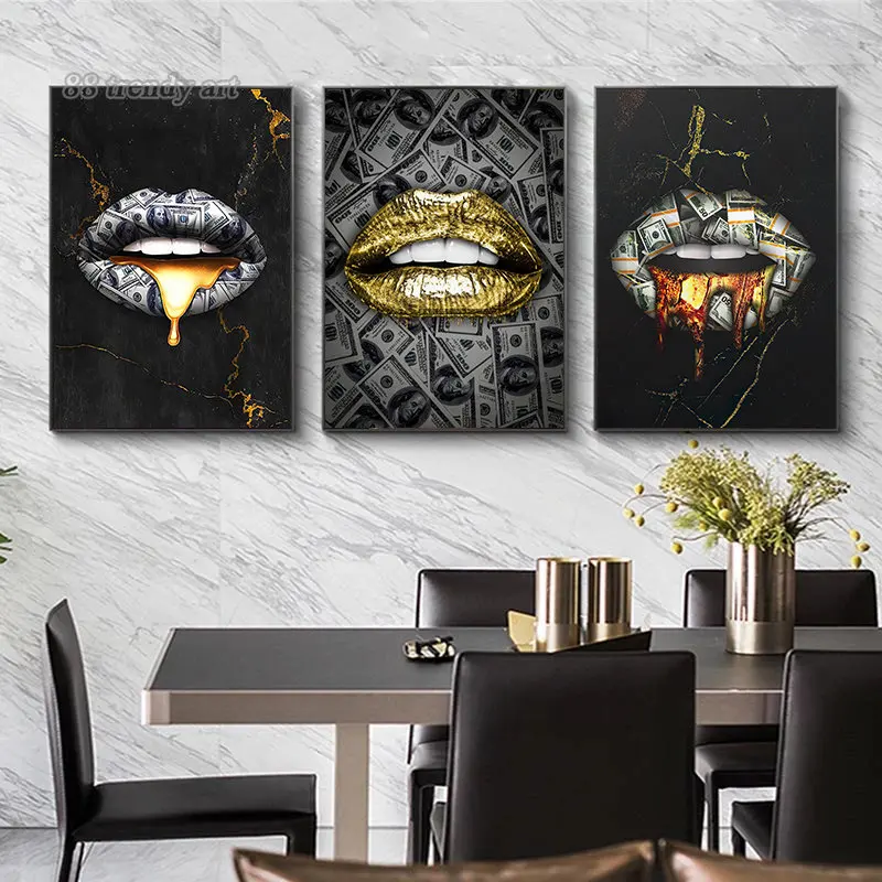 Luxury Home Wall Decoration Painting Gold Lips Mouth Canvas Posters and Prints Wall Art Pictures for Modern Living Room Decor