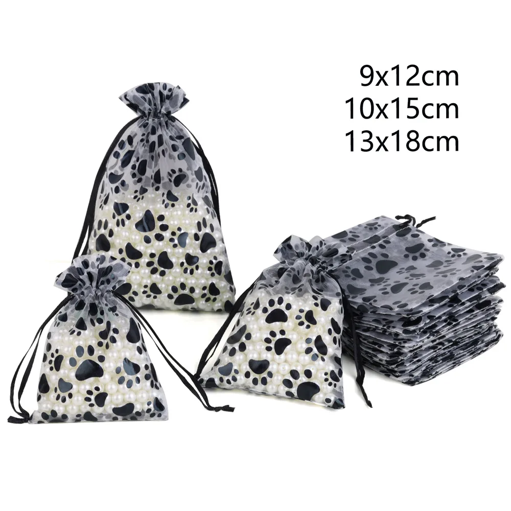 25pcs Black Cat Claw Organza Jewelry Bag Wedding Party Candy Gift Bags 9x12 10x15 13x18cm Drawstring Jewelry Packing Pouches