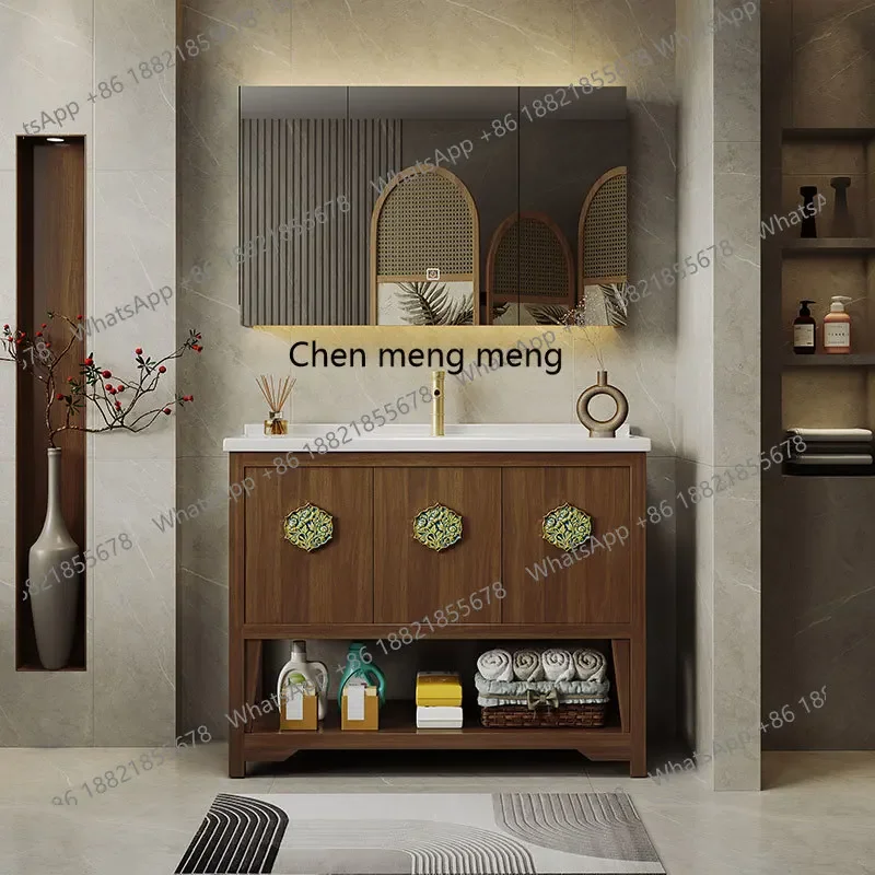 M45 Retro solid wood bathroom cabinet combination smart mirror cabinet ceramic integrated basin floor washing table