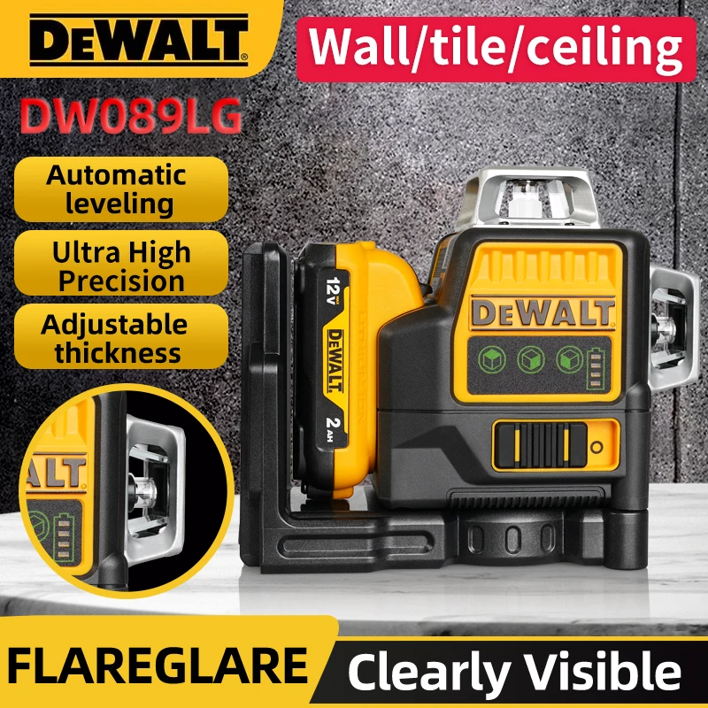 Dewalt DW089LG 3 Sides*360 Degree Vertical 12V Lithium Battery 12 Lines Laser Level   Horizontal Green Light Level Meter Outdoor