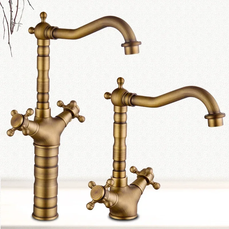 European Retro Brass Basin Faucet with Dual Handle Hot and Cold Rotatable Faucet for Bathroom Sink