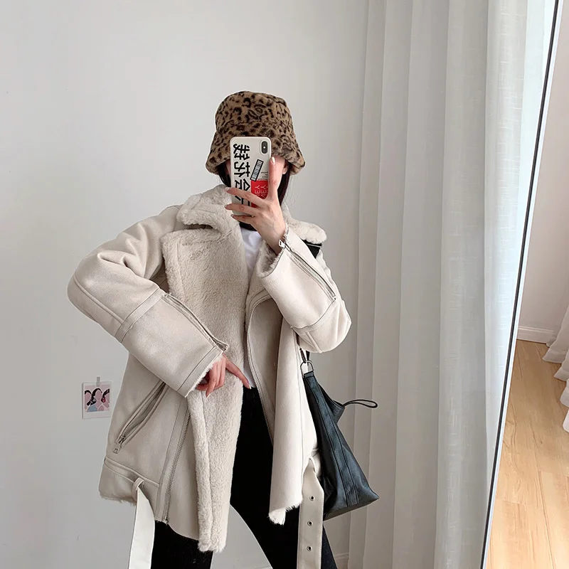 Autumn Winter Faux Fur Loose Coat Thickened Women Double-faced Lamb Velvet Fur Female Buckle Belt Deerskin Jacket Cotton Outwear