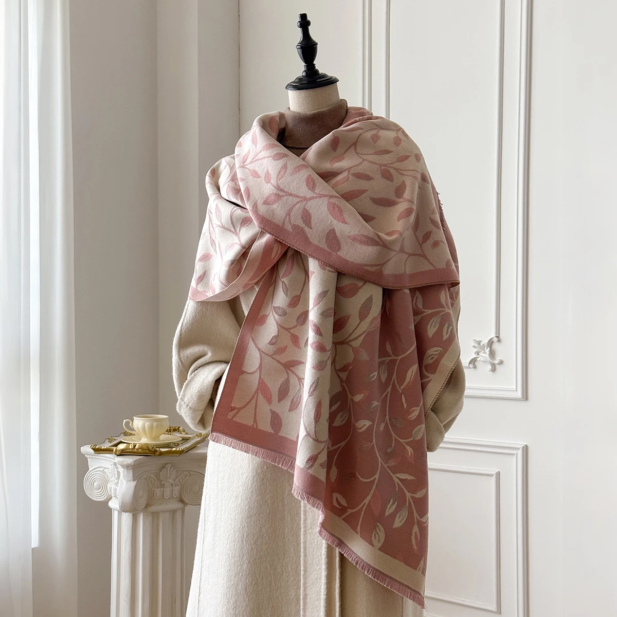 Brand Fashion Damen-Winterschal aus Kaschmir – Vintage-Ölgemälde mit Blattmuster, Quasten-Pashmina, dicker Wickel- und Echarpe-Poncho – Detail 23
