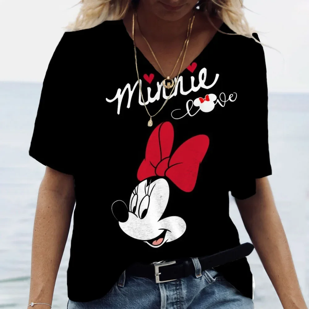 

New Hakuna Cute V-neck Women T Shirt Harajuku 90s Disney Mickey Minnie Mouse T-shirt Cartoon Tshirt Graphic Printed Top Female