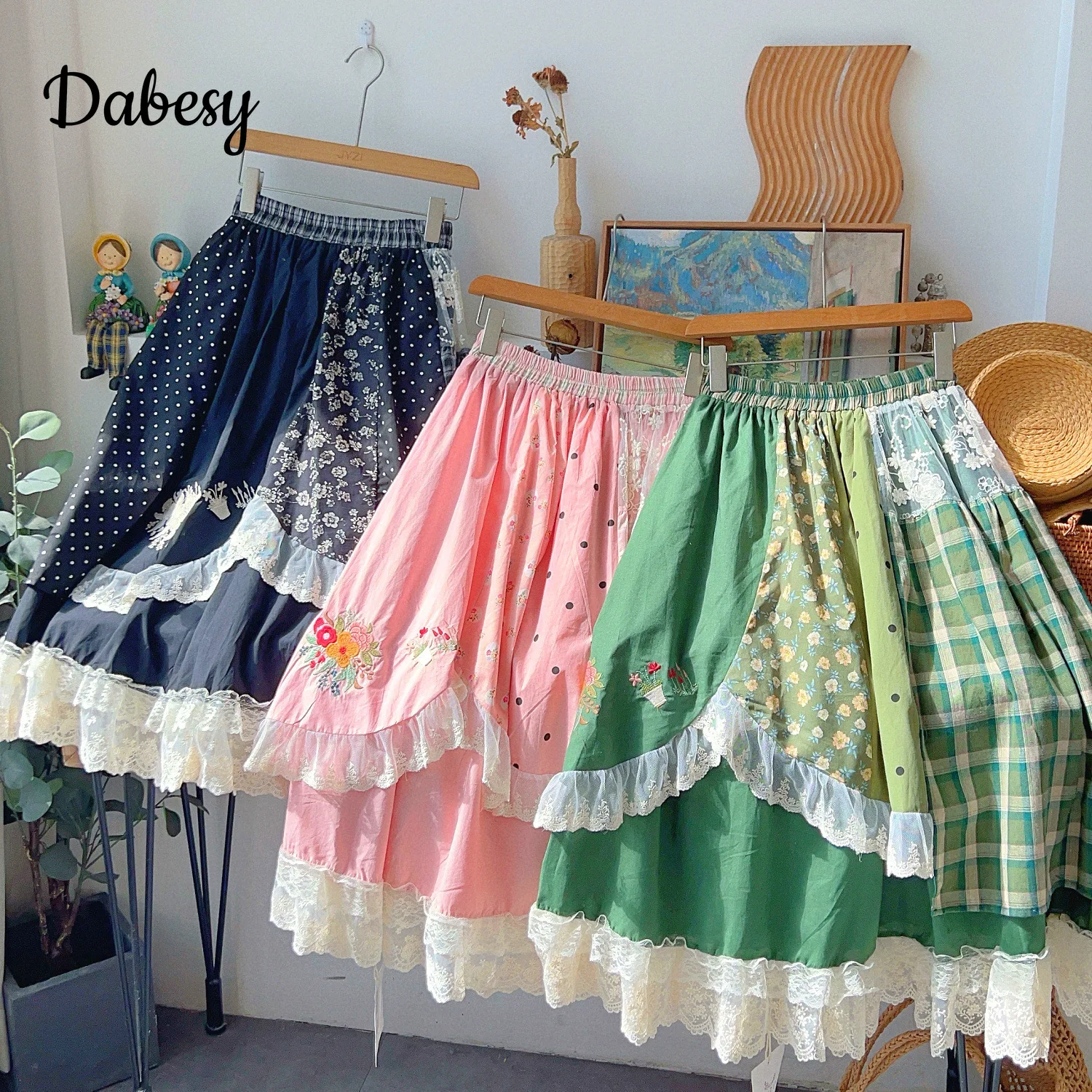 

Mori Girl Style Patchwork Lolita Midi Skirt Women Japanese Lace Ruffled Elastic Waist Cotton Skirt Casual Loose Party Midi Skirt