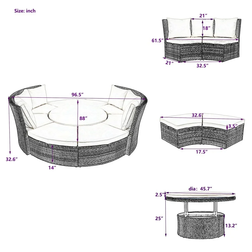 Terrace 5-piece round rattan sofa set wicker sunbed sofa bed with round lifting table and washable mat Garden Furniture Sets