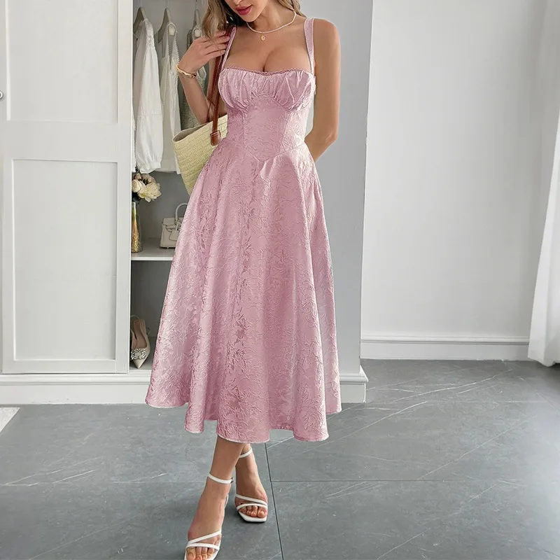 Women's Elegant Jacquard Spaghetti Strap Maxi Dress Classy Boho Chic Evening Gown with Floral Embroidery & Slit Beach Wedding