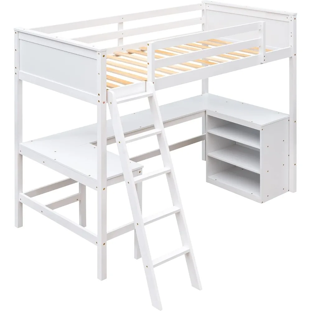 Twin Size Loft Bed Met Planken En Bureau, Houten Loft Bed Met Bureau, Voor Kinderen, Tieners, Lawaai Vrij, Geen Box Spring, Eenvoudige Montage