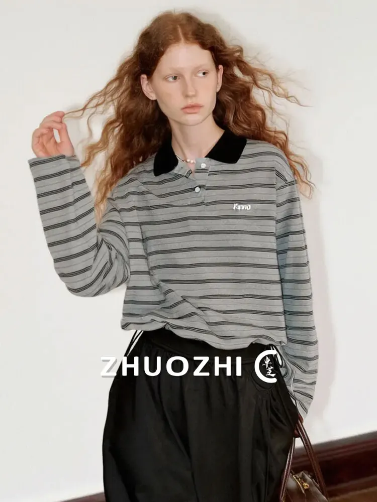 

Свободная полосатая футболка с отложным воротником от ZhuoZhi, весна 2026, новая коллекция, в расслабленном стиле, с цветовыми блоками, женская, модная, французский стиль, с длинным рукавом