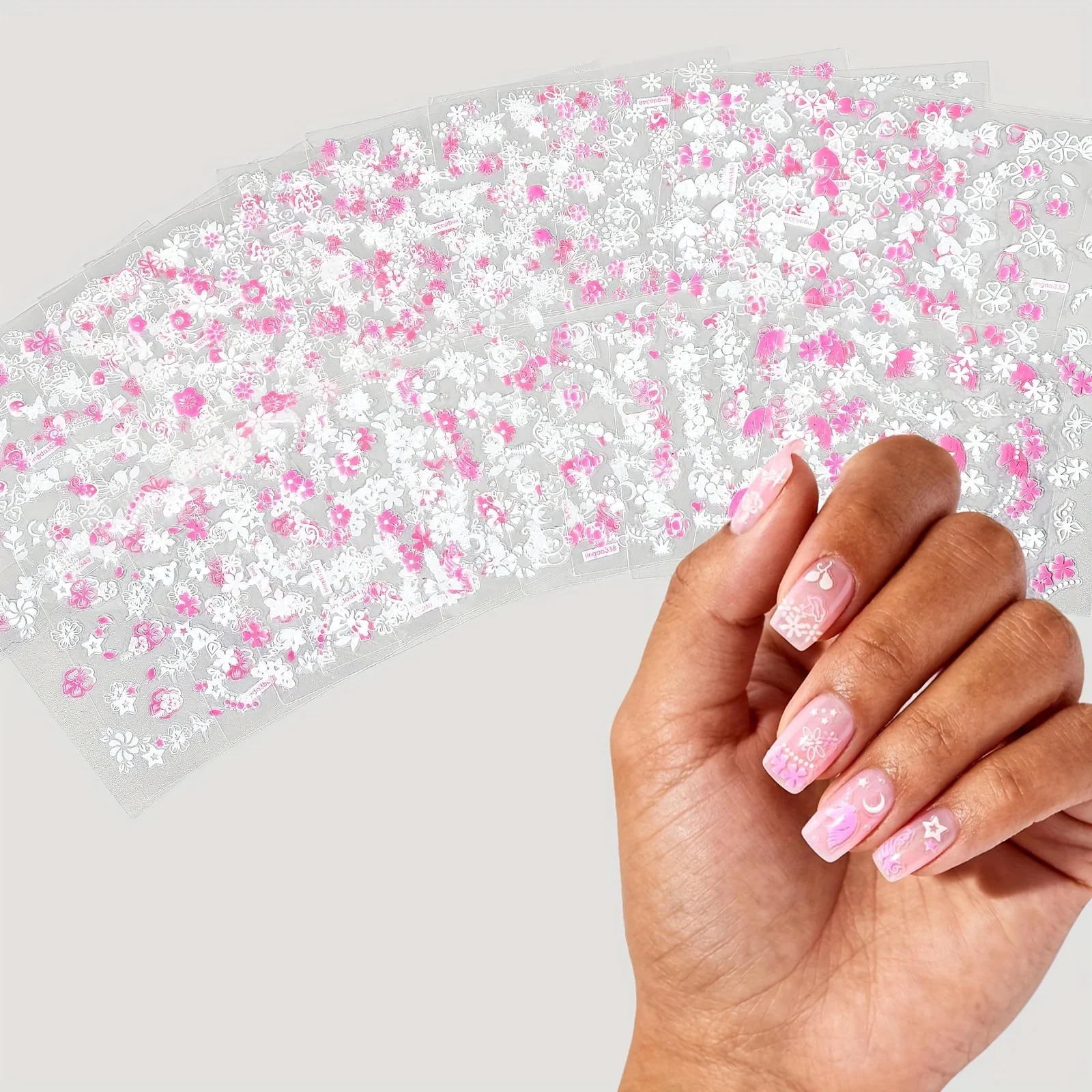 6pcs Random Style Christmas Holographic Pink Floral Stickers - Self-Adhesive with Sweet Winter Pink Glitter Manicure Design