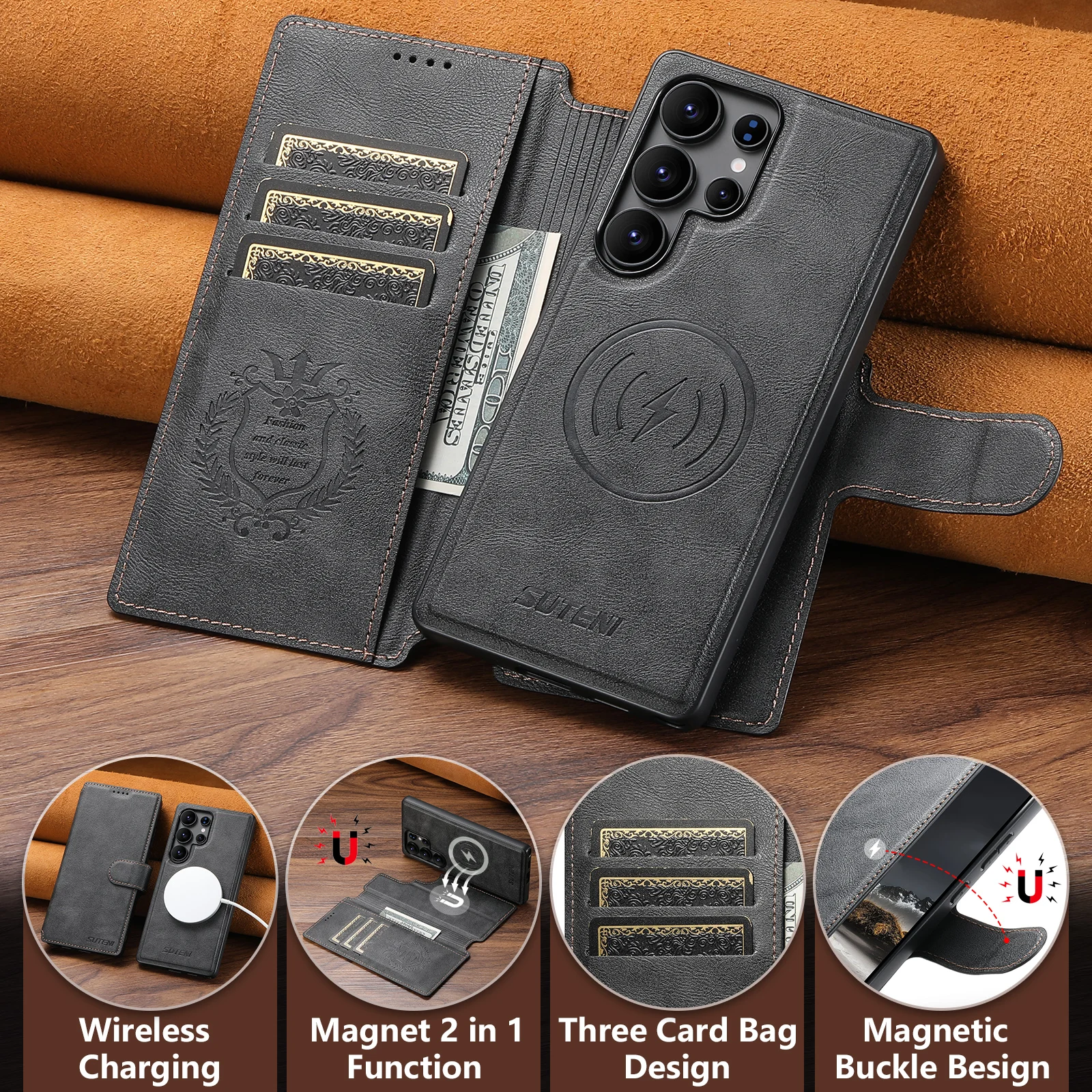 SUTENI PU Leder Drahtlose Lade Karte Halter Stehen Brieftasche Magnetische Flip-Cover Telefon Fall Für Samsung Galaxy S25 Ultra S24 S23 – Detail 2
