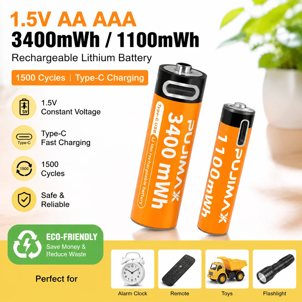 1.5V AA AAA 3400mWh 1100mWh Rechargeable Lithium Battery, 1500 CyclesType-C Charging for Alarm Clock, Remote, Toys