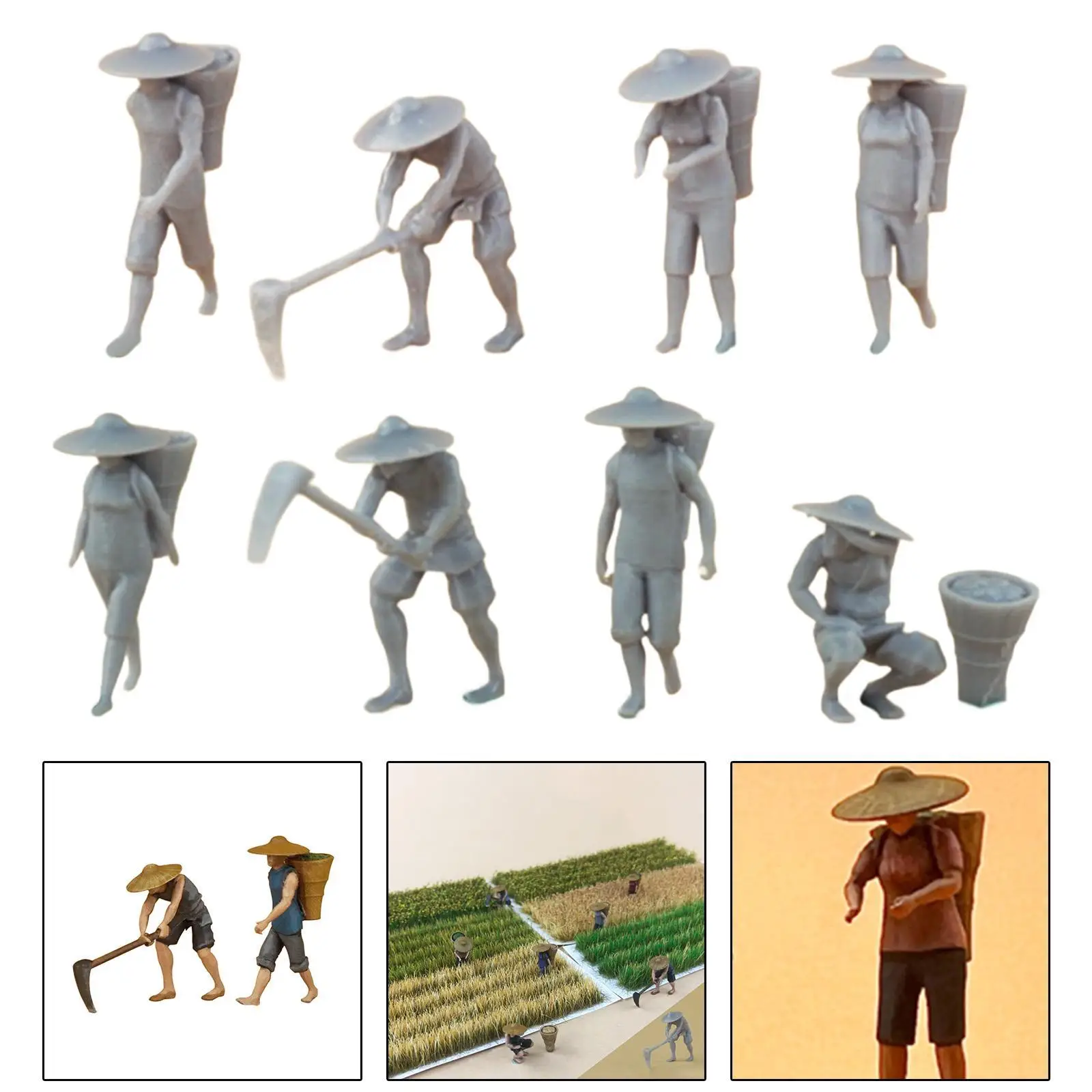 Farmer Resin Figurine Modelo, Personagem Cena DIY, Sand Table, 8Pcs, 1/87