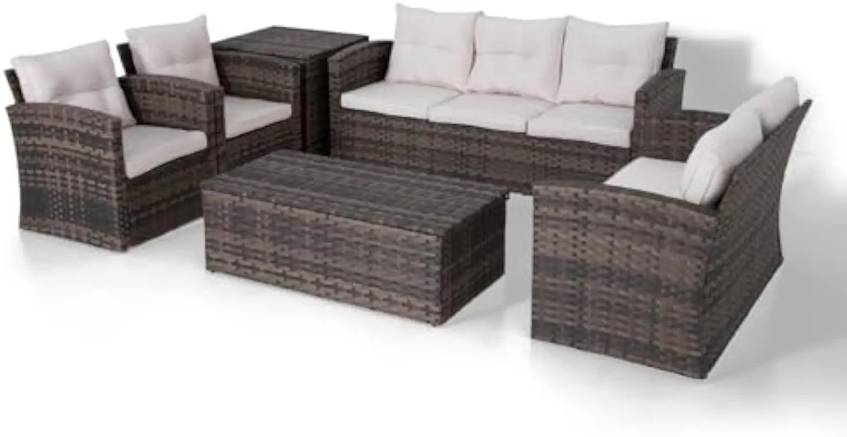 Outdoor Wicker Rattan secional Sofá, Mobiliário Pátio Set, Quintal Sofá Set com 2 Mesas de Armazenamento e Almofadas, 6 PCs