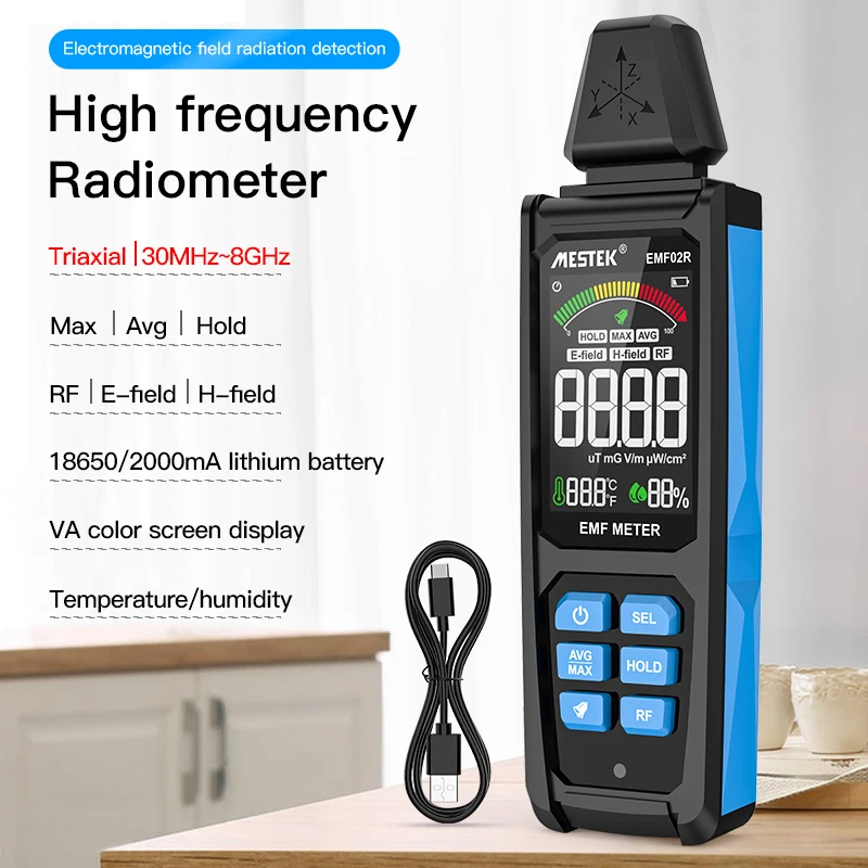 

MESTEK Electromagnetic Field Radiation Detector 30Mhz~8GHz High Frequency Radiometer Tester Warn Humidity Temperature EMF Meter