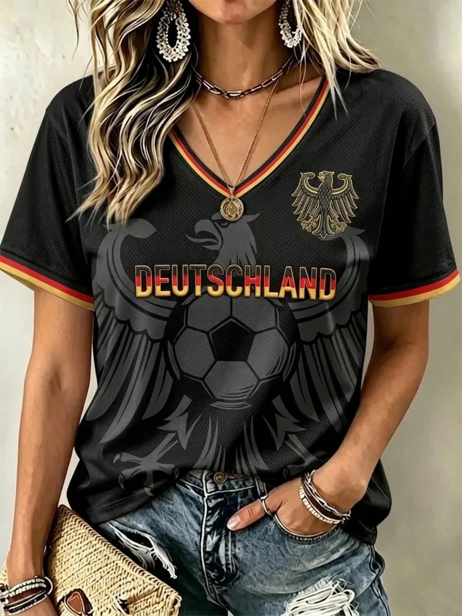 New Women Germany Flag Clothing Soccer T‑Shirt 3D Print Eagle Breathable V‑Neck Short Sleeve Fan Casual Tees for Family Matching