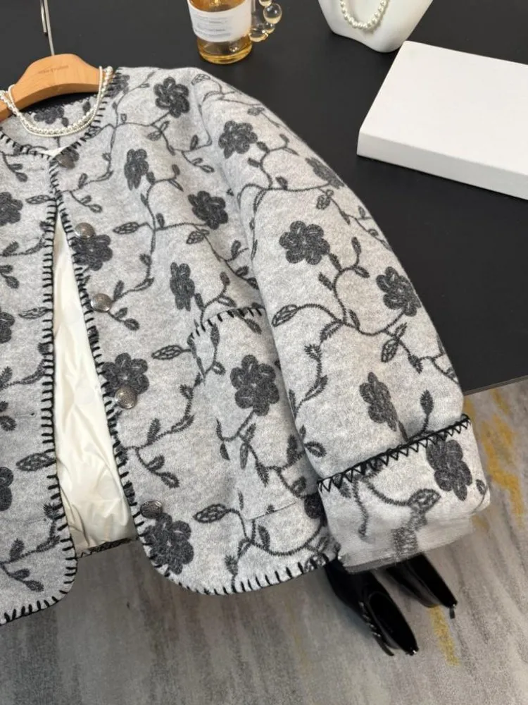 여성 아우터웨어 패션 프린트 트위드 숏 재킷 O넥 싱글 브레스티드 긴 소매 겨울 따뜻한 다운 코트 캐주얼 우아한 여성용