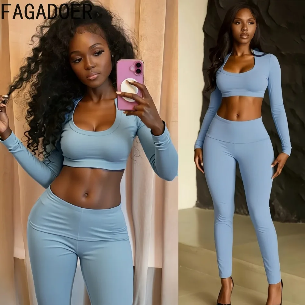 

FAGADOER Sexy Woman 2 Piece Set Outfit Solid Color U Collar Long Sleeves Crop Top and Pants Matching Female Streetwear Clothing