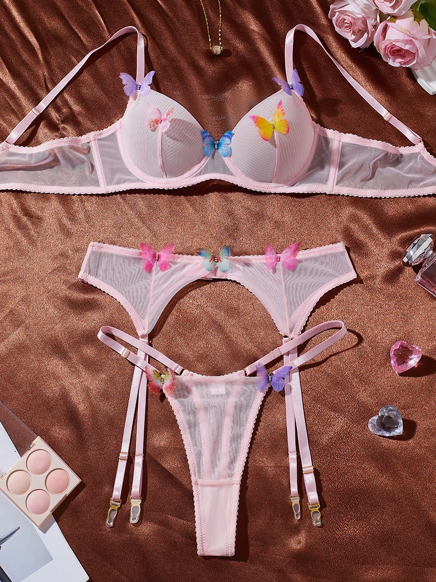 SsTss المرأة مثير فراشة مجموعة الملابس الداخلية رقيقة جدا بقماش شفاف البرازيلي اللباس الداخلي الرباط 3 قطعة مجموعة مع ثلاثية الأبعاد زين ملابس داخلية رومانسية