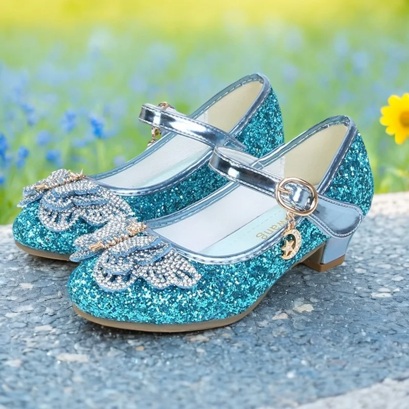 Child High-Heel Sequins Shoes For Girls Butterfly Knot Non-Slip Princess Shoes Shoes Kids Crystal Shoes Children's Leather Shoes