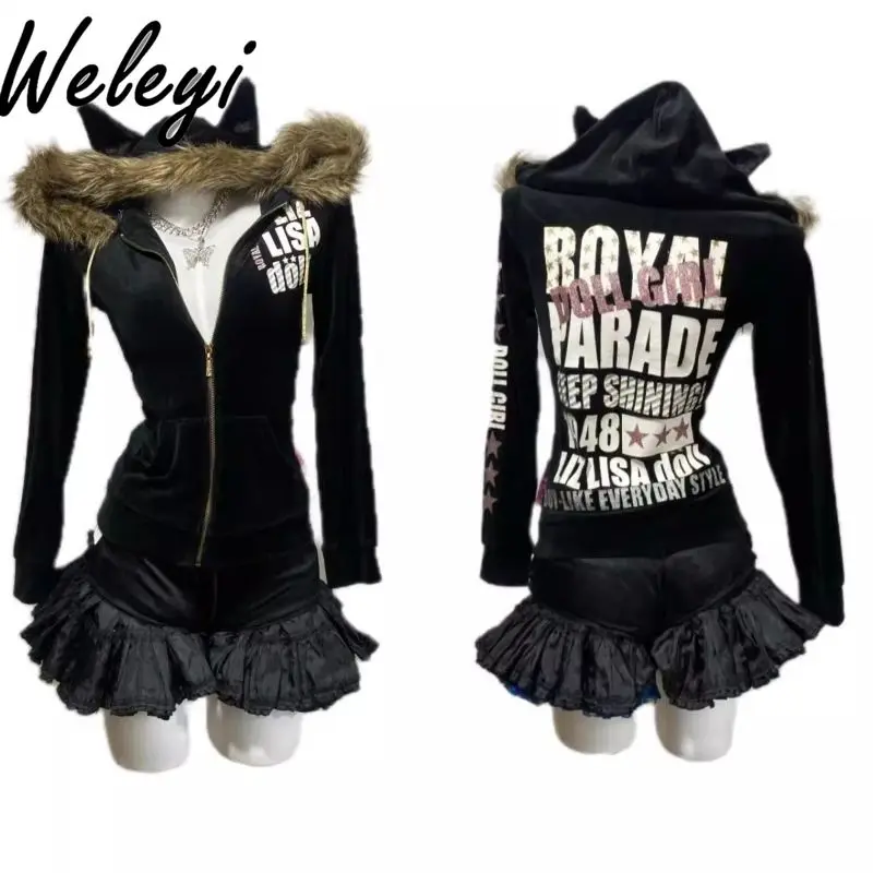 

Japanese Soft Girl Y2k Cat Ear Hooded Sweatshirt Coat for Women 2024 Winter Retro Subculture Punk Rock Medieval Velvet Jacket
