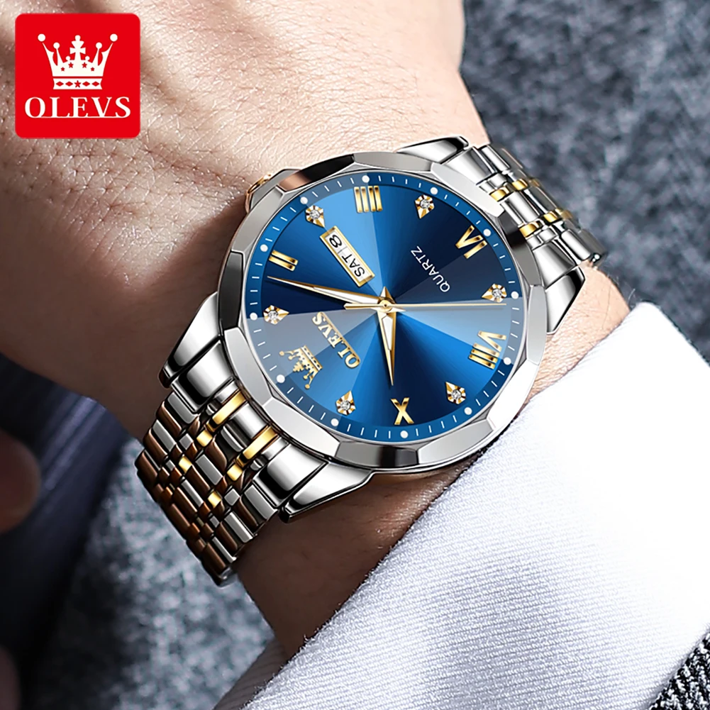 OLEVS Men\'s Watches Top Brand Original Quartz Watch for Man Waterproof Rhombus Mirror Luminous Wristwatch Date Week Casual New