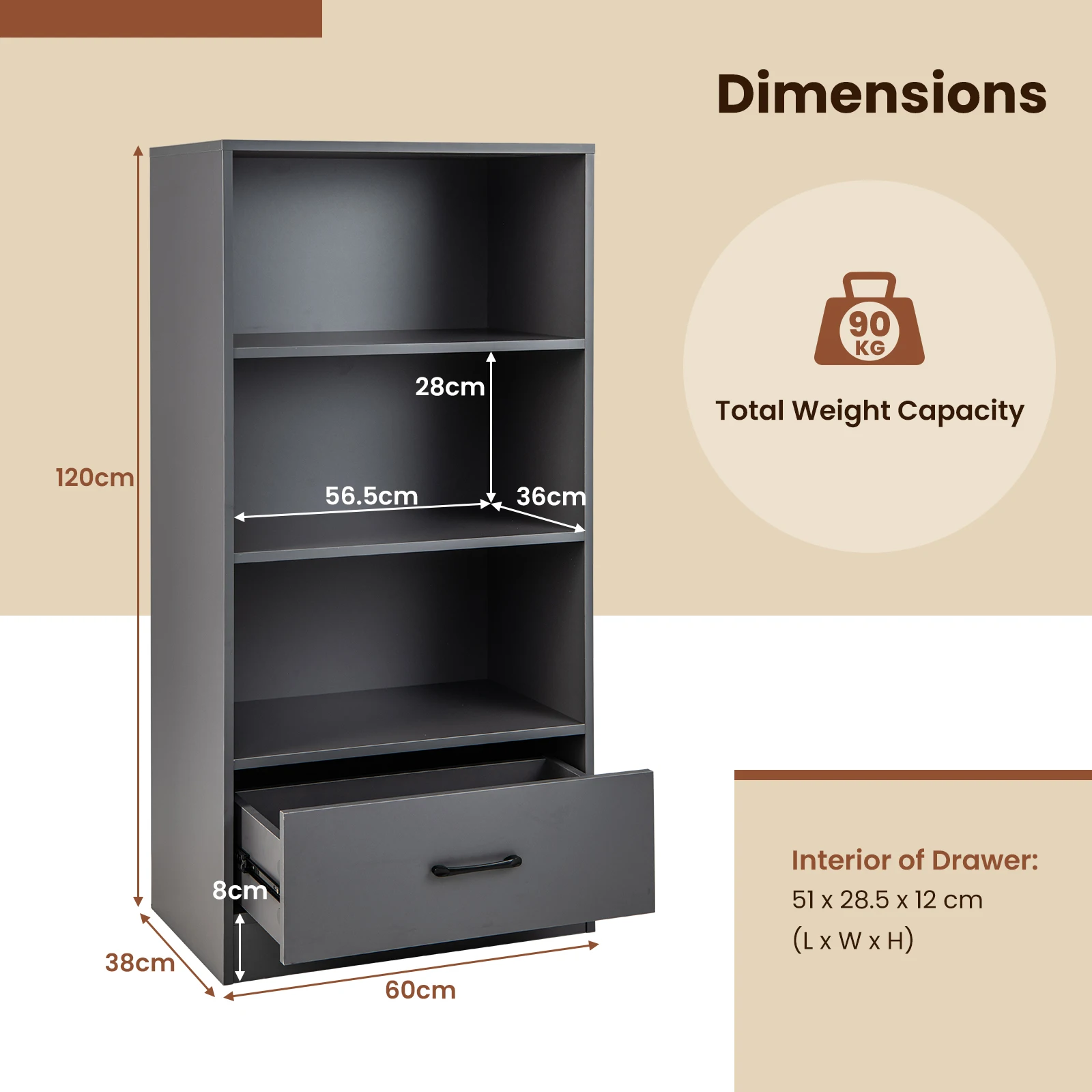 GOFLAME 4-tier Storage Shelf, Wood Bookcase w/ Storage Drawer, Floor Standing Bookshelf