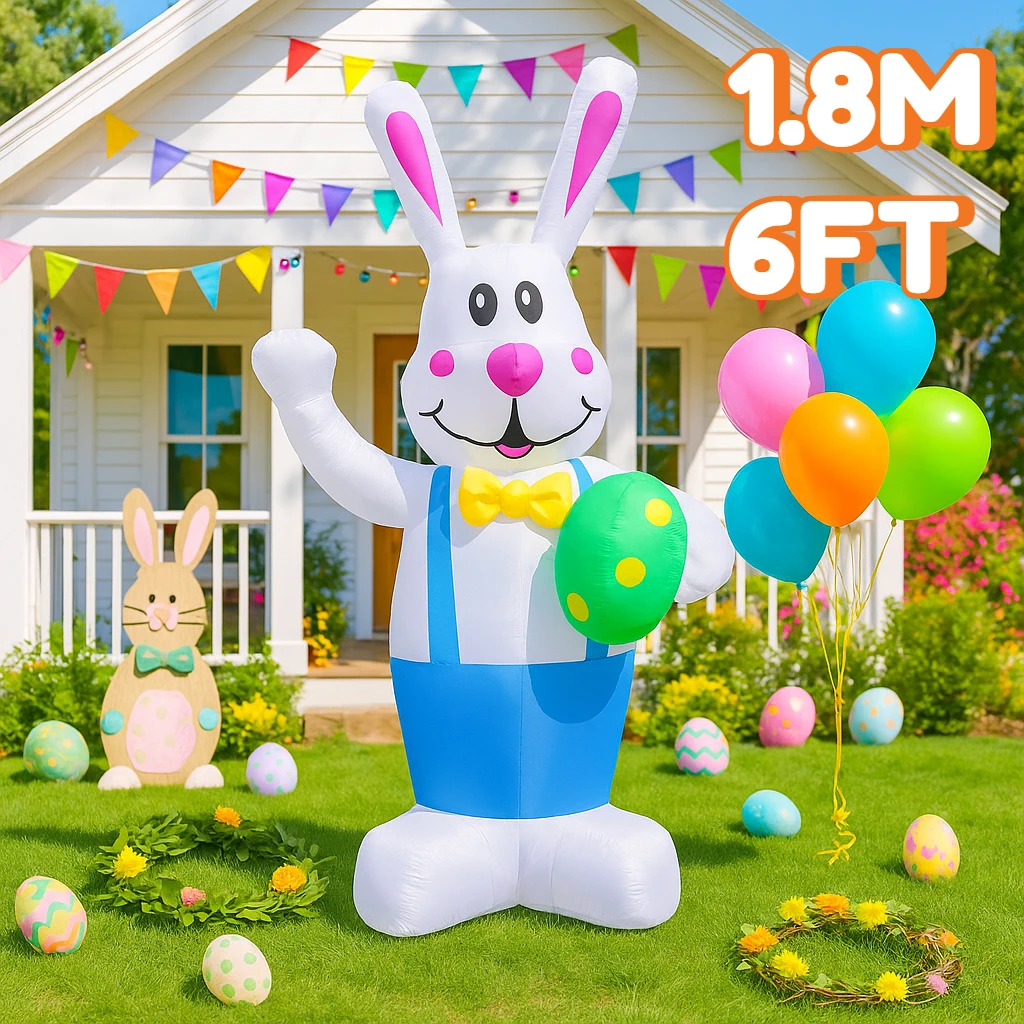 

6FT Easter Inflatable Rabbit Carry An Egg Decor Built-in LED Light Glowing Airblown Festive Yard Easter Holiday Prop Ornament