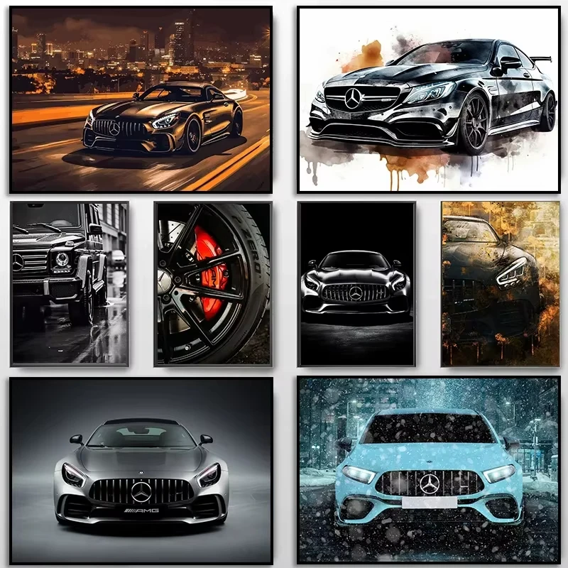 Vintage Sports Style B E N Z C63 AMG GT Car Landscape Art Poster Canvas Painting Wall Prints Picture for Living Room Home Decor