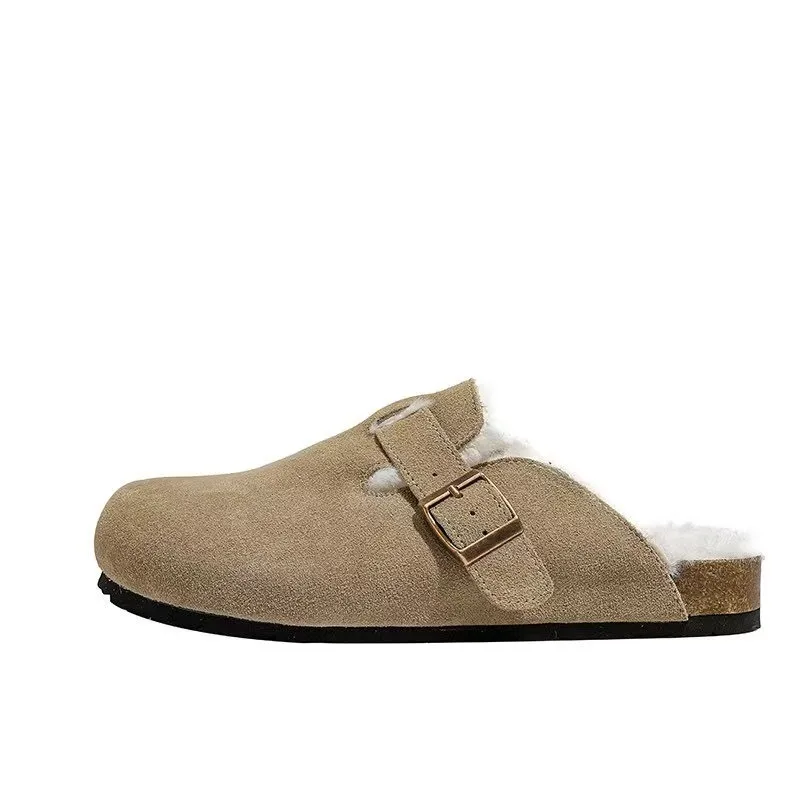 Comwarm الكلاسيكية الشتاء البغال للنساء الرجال جديد الشتاء الفراء الجلد المدبوغ قباقيب الفلين القدمين دافئ غامض النعال مع مشبك قابل للتعديل