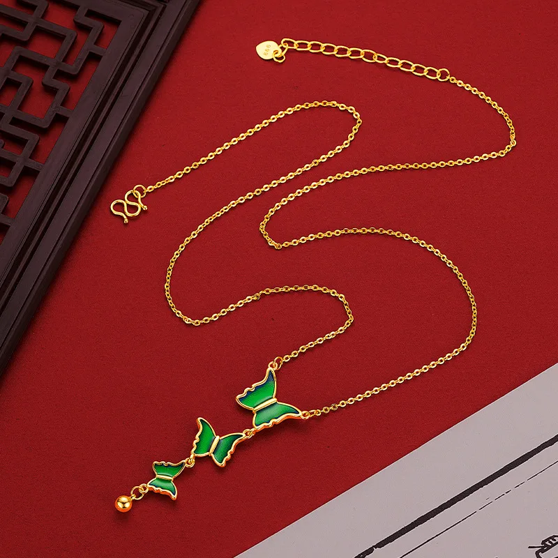 Fashionable 9999 24K Real Gold Green Butterfly Collarbone Necklace Light Luxury Niche Design Enamel Dancing Tassel Chain