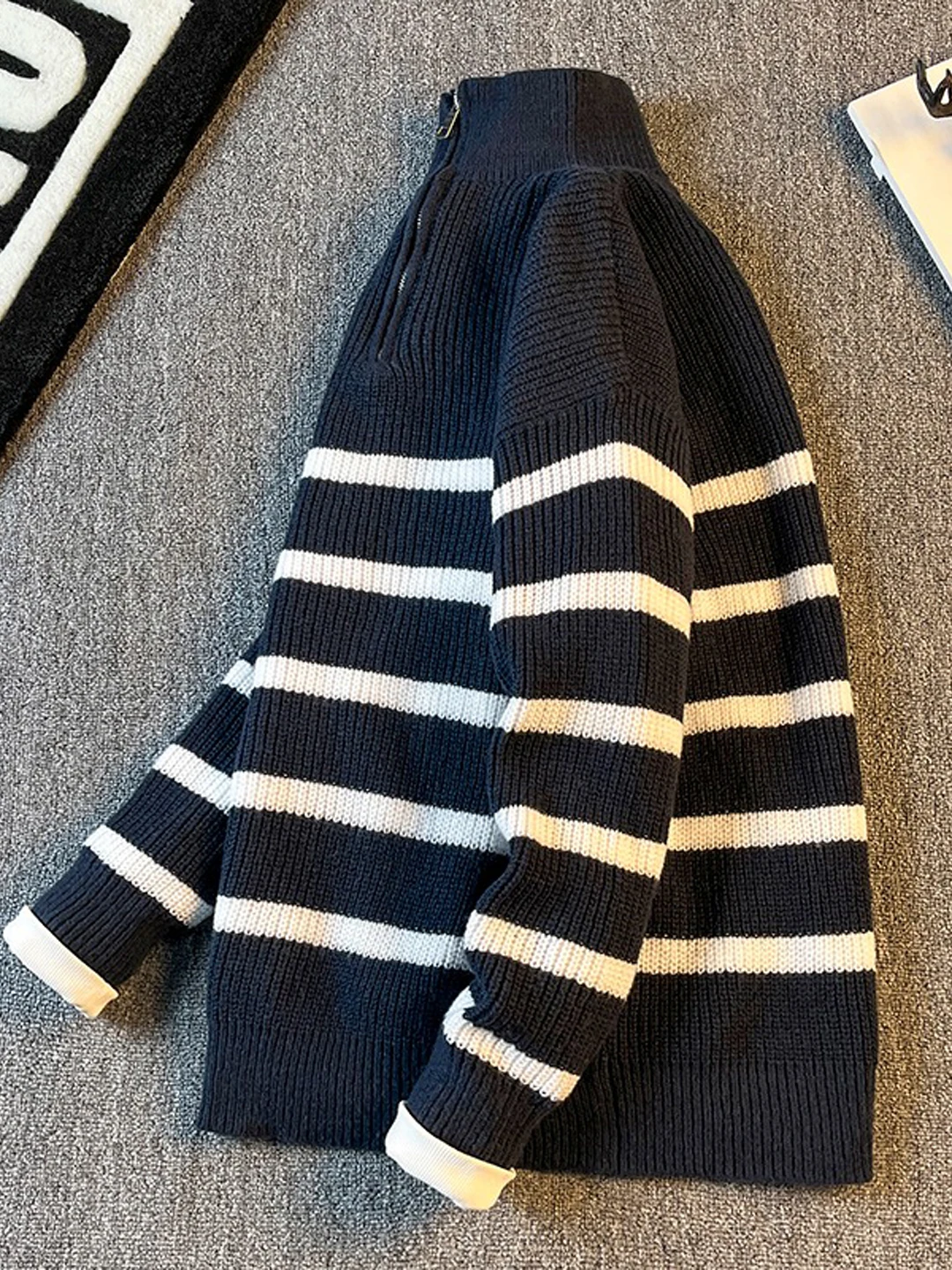 

f-Zip вязаный свитер, повседневный полосатый воротник, свободный мужской свитер большого размера, осень-зима, новая внутренняя одежда, повседневный топ