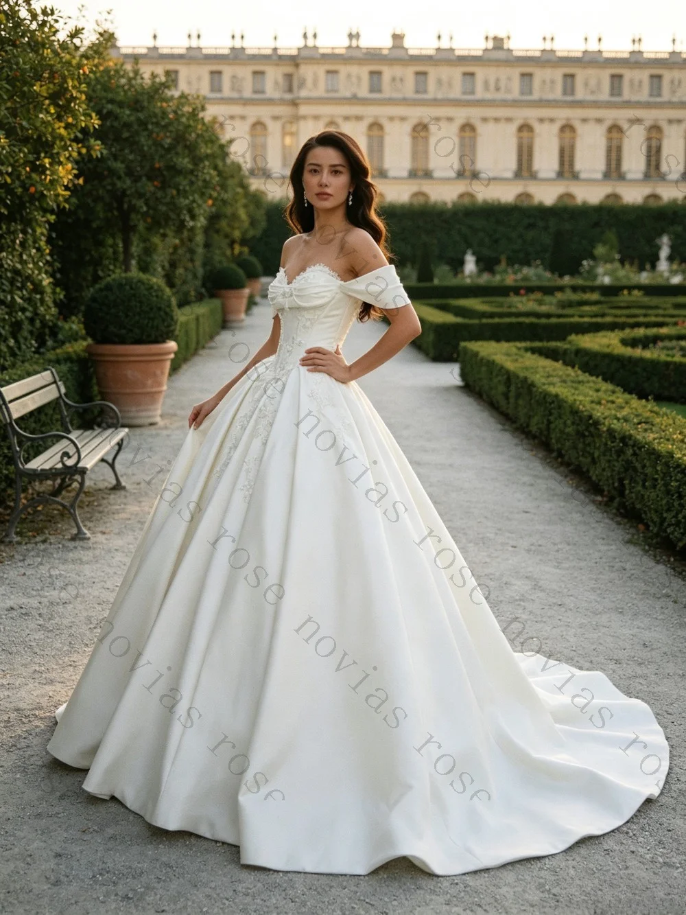 Customized Romantic Ball Gown Wedding Dress Off Shoulder Sweetheart Chapel Train Pearl Floral Lace Heavy Gloss Satin Bridal Gown