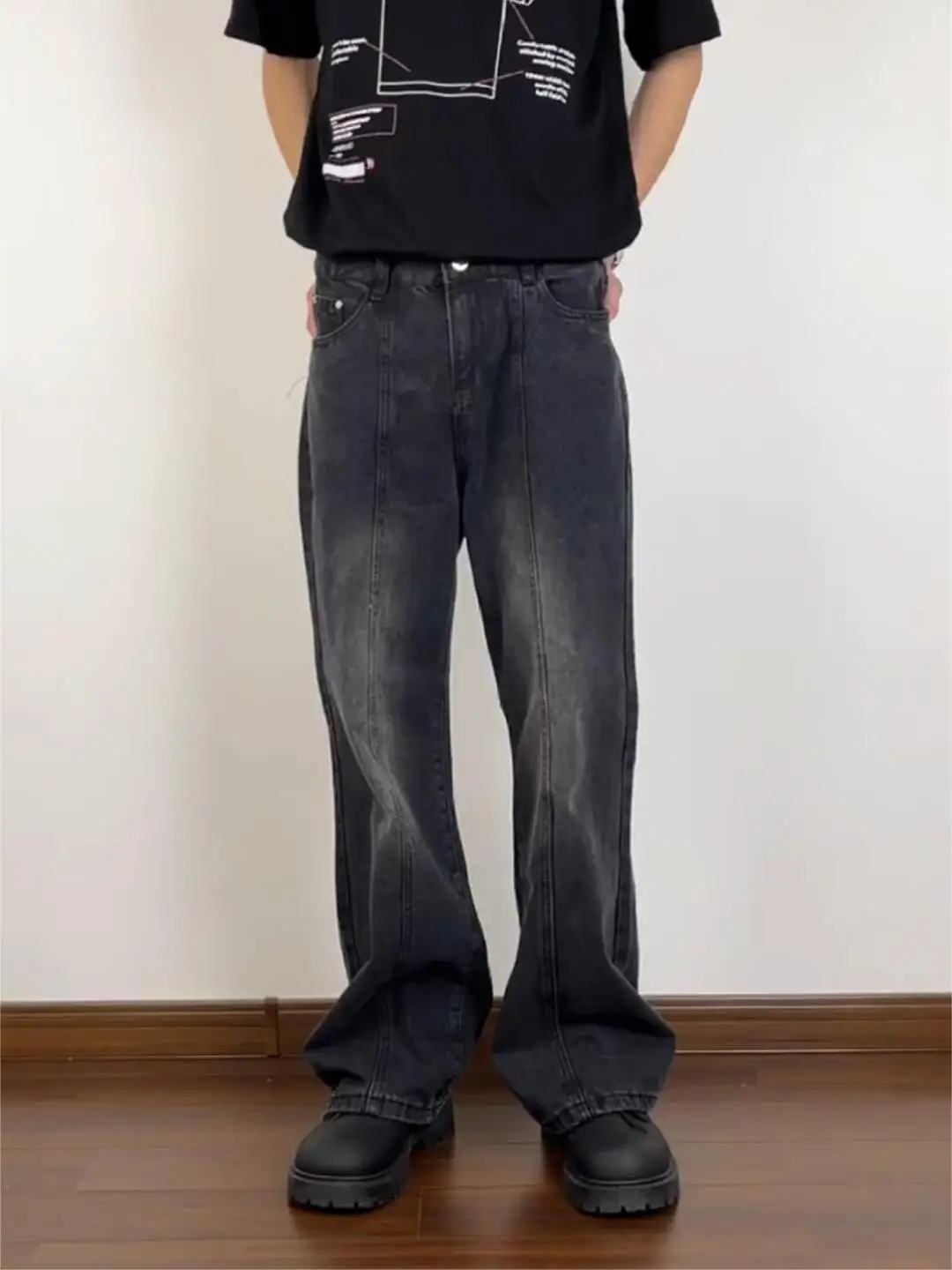 

Retro Distred Design Men's Straight Leg Jeans ey Bla Slim Fit Long Pants Faionable High Street Vibe Straight Tube Jeans